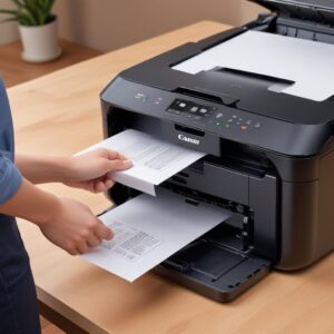 A person gently pulling a piece of jammed paper from the Canon Pixma G3010 All In One printer, demonstrating safe paper jam removal with clear visibility of the printer's interior.