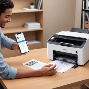 A person happily printing documents from their smartphone to a wireless Laser Jet Printer All In One, showcasing the convenience and efficiency of modern features.