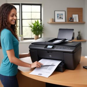 A person happily printing documents with a well-maintained HP Officejet 4500 All-in-One Printer G510g in a home office setting, illustrating long-term satisfaction.