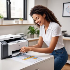 A person happily reviewing freshly printed, crisp documents next to their all-in-one laser printer, with a bright, optimistic expression, symbolizing productivity and satisfaction.
