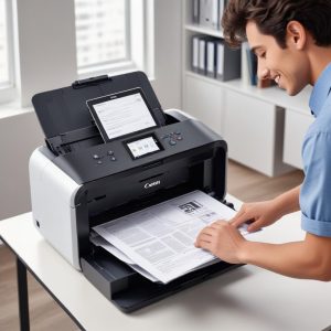 A person happily using a Canon All-in-One printer to scan multiple documents using the Automatic Document Feeder (ADF), with a bright, organized office background. The user looks satisfied and efficient.