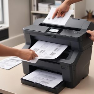 A person happily using an Hp All In One Jet Printer to scan a stack of documents using the Automatic Document Feeder (ADF). The printer is on a desk, and the user's hands are visible, demonstrating ease of use.
