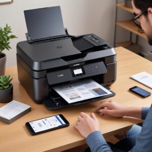 A person printing wirelessly from a smartphone to the Canon Pixma G3290 printer, with a laptop also visible nearby, emphasizing its multi-device connectivity. The printer is placed on a tidy desk in a home office setting.