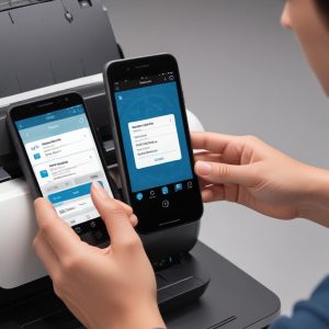 A person's hand interacting with the HP Smart app on a smartphone, showing printer status, ink levels, and print options for the HP Deskjet 2800e.
