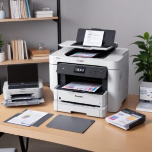 A professional setting with a Canon Maxify Megatank GX7060 prominently displayed on a desk, next to a stack of perfectly printed colorful documents and a laptop, emphasizing high-quality output and business efficiency.