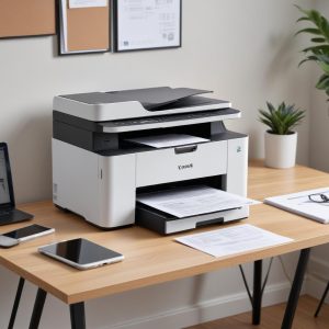 A sleek, modern All-in-One Printer sitting on a tidy desk with a laptop and a few neatly stacked documents. The printer has a digital display showing it's ready for use.
