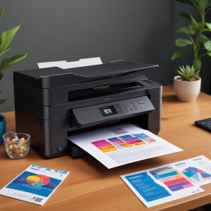 A sleek, modern Epson EcoTank L3250 printer, showcasing its transparent ink tanks filled with vibrant ink, placed on a clean wooden desk with a laptop and a stack of printed colorful documents. The image conveys efficiency and quality.
