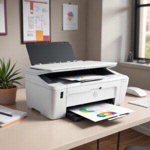 A sleek, modern HP All-in-One WiFi printer, white or black, placed on a clean desk with a laptop and smartphone nearby, showing a wireless connection. The printer is actively printing a colorful document.