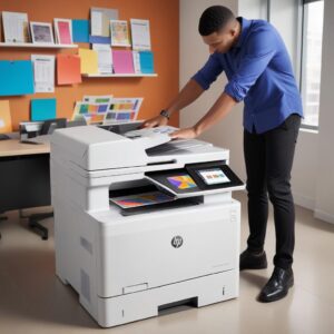 A sleek, modern HP Color LaserJet All-in-One printer in an office setting, with a person quickly retrieving a stack of vibrant color printouts.