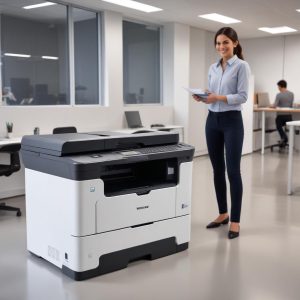A sleek, modern Laser Jet Printer All In One in an office setting, showing it printing, scanning, and copying. There's a person smiling and looking productive in the background.
