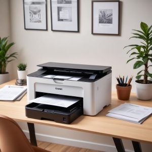 A sleek, modern all-in-one laser printer sits on a clean desk in a home office, with a laptop and a neatly organized workspace. The printer is actively printing documents, showing paper coming out of the output tray.