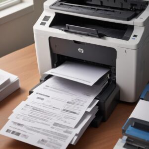 A stack of crisp, perfectly printed documents coming out of an HP Laser Printer, emphasizing the sharp text quality and speed. A toner cartridge is subtly visible in the background, hinting at cost efficiency.