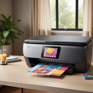 A vibrant, high-quality photo being printed out from an Hp All In One Jet Printer, with rich colors visible on the print. The printer is in a cozy home setting, emphasizing personal use and joy.