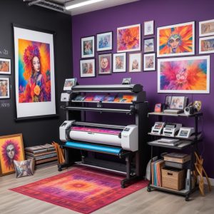 A vibrant photo studio setup with a high-quality all-in-one photo printer displaying a beautiful, colorful print, surrounded by camera equipment and art supplies, highlighting superior photo quality.