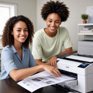 An Epson printer happily printing documents without any errors, with a person smiling in the background.