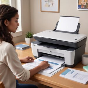 An HP Deskjet all-in-one printer in a home office setting, with a student printing a document from a laptop, showing convenience and ease of use.