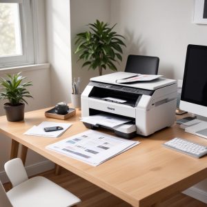 An efficient home office setup with a sleek, modern Inkjet All In One Printer prominently placed on a clean desk, surrounded by organized documents and a laptop, bathed in natural light.