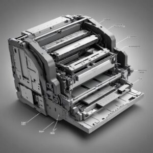 An exploded view diagram showing the internal components of an HP LaserJet printer, specifically highlighting the toner cartridge and the laser mechanism, illustrating its robust and efficient design. The image has a professional, techy feel.