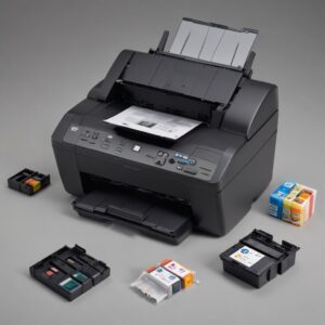 An exploded view of an HP Officejet 4500 All-in-One Printer G510g, showing ink cartridges and printhead, with cleaning tools nearby, representing maintenance.