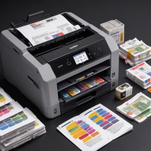 An illustration demonstrating the cost-effectiveness of the Brother J1010dw's ink system, showing ink cartridges and a stack of printed pages, with a
