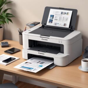 An illustration of Canon Printer All In One G3010 on a desk, with a laptop and smartphone connected wirelessly to it, depicting ease of use and modern connectivity.