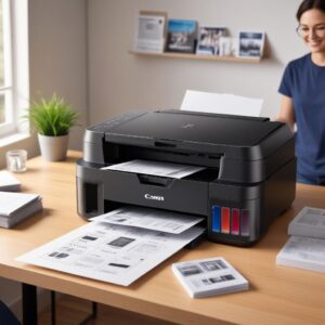 An illustration of a Canon Pixma G2010 Printer All In One Ink Tank on a desk, showing the transparent ink tanks clearly, with stacks of printed documents and a happy person in the background. The style is modern and clean.