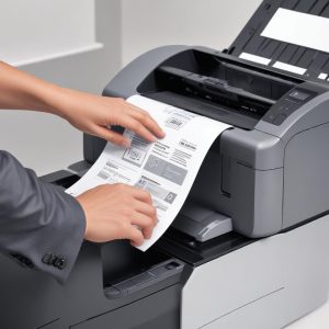 An illustration of a hand gently removing a paper jam from a grey HP Officejet J4580 All In One printer, with clear instructions on the screen of the printer. The scene is bright and clean, emphasizing ease of use.