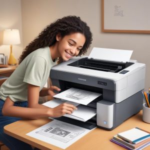 An illustration of a happy student printing homework effortlessly on a compact, modern all-in-one inkjet printer with visible ink tanks, symbolizing ease and affordability.