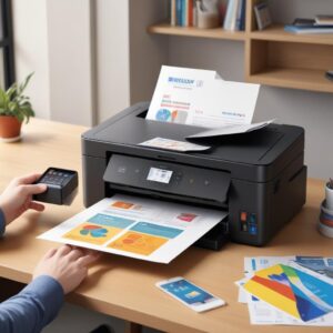 An illustration of a modern, compact all-in-one printer (Epson EcoTank L3250 style) printing a colorful document, with a smartphone wirelessly connected to it, symbolizing mobile printing convenience.
