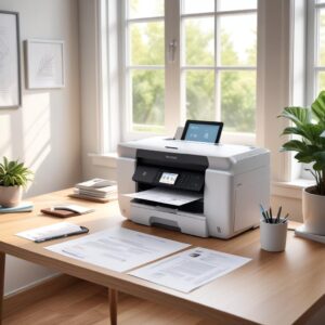 An illustration of a modern home office setup with a sleek, white all-in-one printer centrally placed on a desk. A person is casually printing a document from their laptop, with bright, natural light coming through a window. The overall vibe is productive and calm.