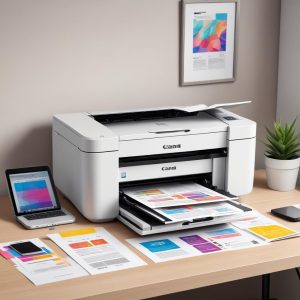 An illustration of a modern, sleek white Canon All-in-One printer sitting on a clean desk, surrounded by a laptop, a smartphone, and a stack of colorful printed documents. The printer has a small screen displaying a Wi-Fi symbol.