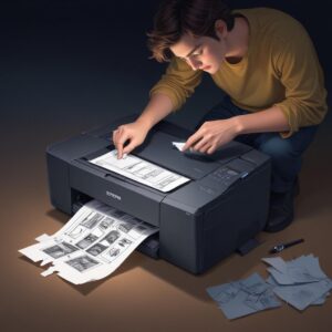 An illustration of a person carefully inspecting the inside of an Epson printer with a flashlight, looking for tiny paper scraps or debris. The printer is unplugged.