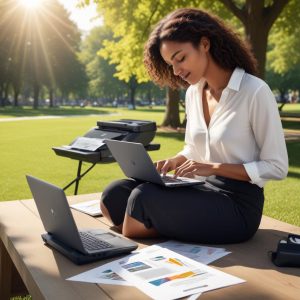 An illustration of a person confidently working on a laptop in a park, with a sleek HP OfficeJet 250 Mobile All-in-One printer sitting neatly beside them, actively printing documents wirelessly from the laptop. The sun is shining, highlighting the portability and ease of use in an outdoor setting.