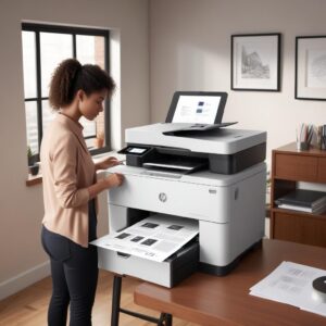 An illustration of a sleek, modern HP Laser Printer All In One in a home office setting, with a person quickly scanning documents and another person printing from a laptop wirelessly. The printer is compact and stylish.