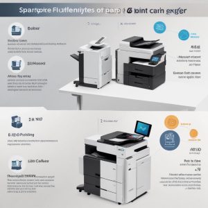 An infographic comparing the space and cost efficiency of having separate printer, scanner, and copier versus a single All-in-One Printer. Show a crowded desk on one side and a minimalist, clean desk with an AIO printer on the other.