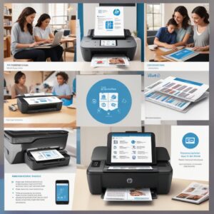 An infographic or collage showing various uses of an HP Wifi All-in-One printer: printing from a phone, scanning documents, copying papers, all wirelessly. Icons representing home office, student, and family use are visible.