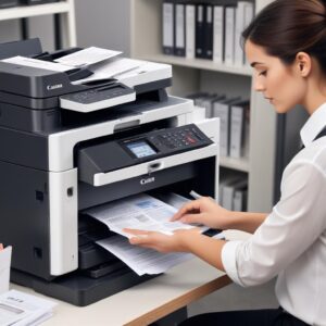 An office worker efficiently using the Canon G7020's Automatic Document Feeder (ADF) to scan a stack of documents, showing the feature in action and conveying productivity.