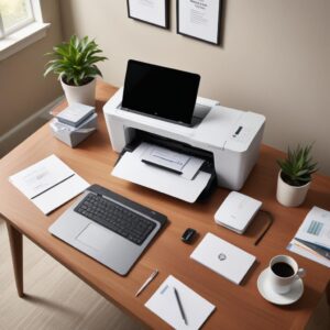 An overhead shot of a clean, organized home office desk featuring a compact HP Color LaserJet All-in-One printer, a laptop, and a smartphone connected wirelessly.