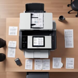 An overhead shot of the Canon Maxify Megatank GX7060 with documents being scanned through its Automatic Document Feeder (ADF), highlighting its multifunctionality (print, scan, copy, fax).