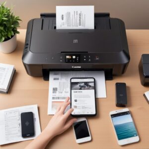 An overhead shot of the Canon Pixma G3010 All In One printer, with a smartphone wirelessly printing a document, showcasing the Wi-Fi connectivity feature.