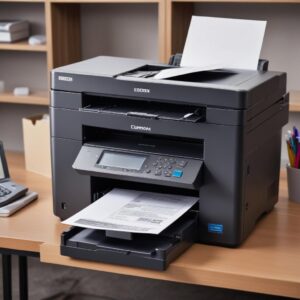 Beberapa model printer all-in-one yang berbeda diletakkan berdampingan di sebuah toko elektronik, dengan label harga dan spesifikasi menonjol, memberikan pilihan kepada pelanggan.