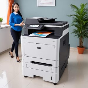 Beberapa orang berdiskusi di sekitar sebuah printer laser jet color all in one modern dengan layar sentuh, menunjukkan kemudahan penggunaan dan fungsi berbagi di lingkungan kantor yang dinamis.