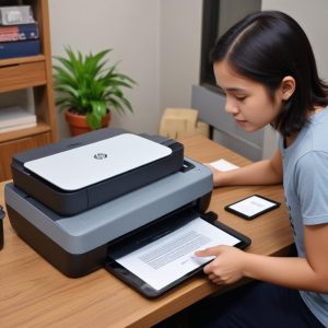 Berbagai perangkat (smartphone, laptop, tablet) terhubung secara nirkabel ke HP Smart Tank 5105, mencetak dokumen dan foto dengan mudah.