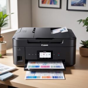 Canon G3260 All In One Printer with colorful printed documents and photos spread around it, showcasing high-quality output and versatility for various users.