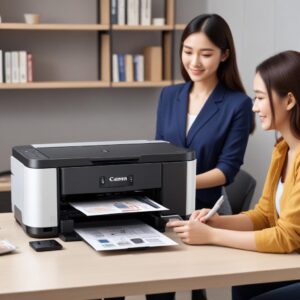Canon G7020 All In One Printer sedang mencetak dokumen dari laptop secara nirkabel, dengan smartphone di sampingnya menampilkan aplikasi Canon PRINT, menunjukkan fitur konektivitas canggih.