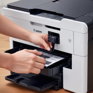 Close-up of Canon G3260 All In One Printer showing its ink tanks, with a hand refilling ink, emphasizing ease of use and cost-effectiveness.