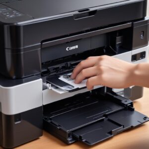 Close-up of Canon G7020 All In One Printer Home Office showing its ink tanks being refilled by a hand, emphasizing the anti-spill design and ease of use.