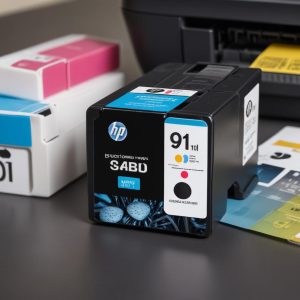 Close-up of HP 901 black and tri-color ink cartridges, clearly labeled and looking new, next to a diagram showing how to properly insert them into a printer. The background features a blurred image of the HP Officejet J4580 All In One printer.