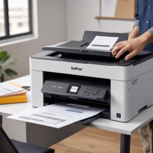 Close-up of a sleek, modern All-In-One Brother Printer showing its control panel and a document being scanned, emphasizing its multi-functionality and ease of use. The printer is on a clean desk with a laptop nearby.