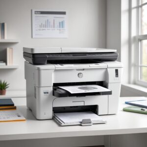Close-up of a sleek, modern HP LaserJet All-in-One printer with a bright display showing